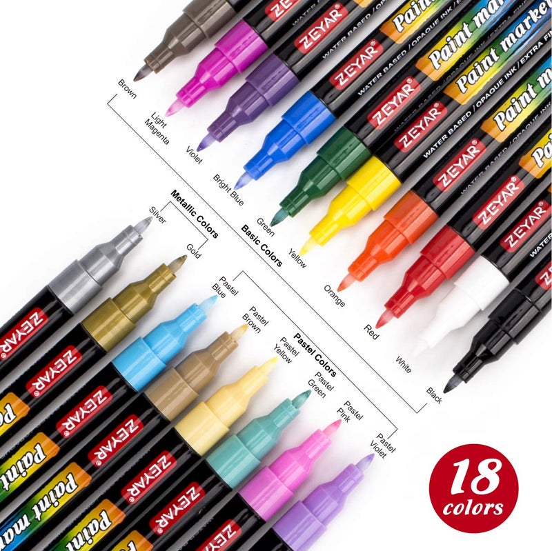 ZEYAR Premium Acrylic Paint Pen, Water Based, Extra Fine Point, 18 Colors, Odorless, Acid Free and Safe, Opaque Ink, Environmental Friendly, AP Certified - Image 3